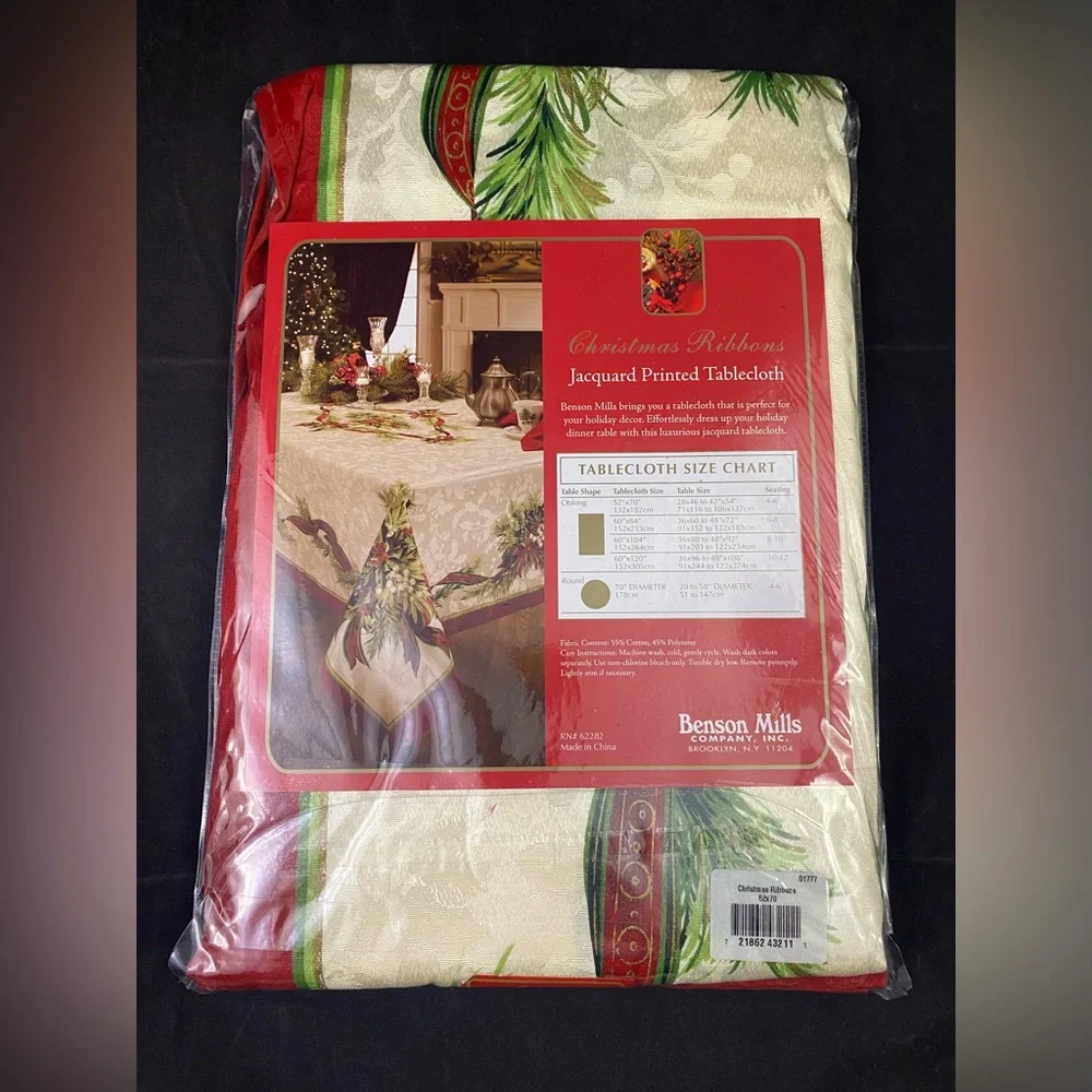 NIP Fabric Printed Tablecloth Benson Mills Christmas Ribbons 52 x 70